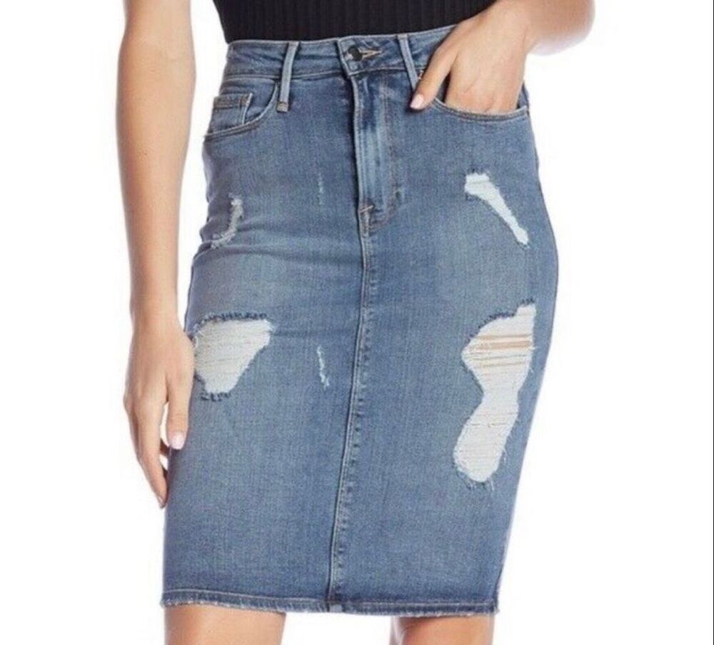 Good American High Waisted Distressed Denim Pencil Skirt Size 6/28